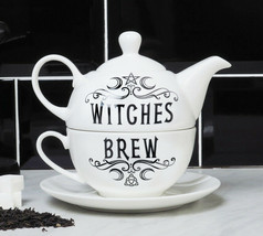 Ebros Pentagram Moons Witches Brew Hex Bone China Stacking Tea Pot Cup &amp; Saucer - £39.31 GBP