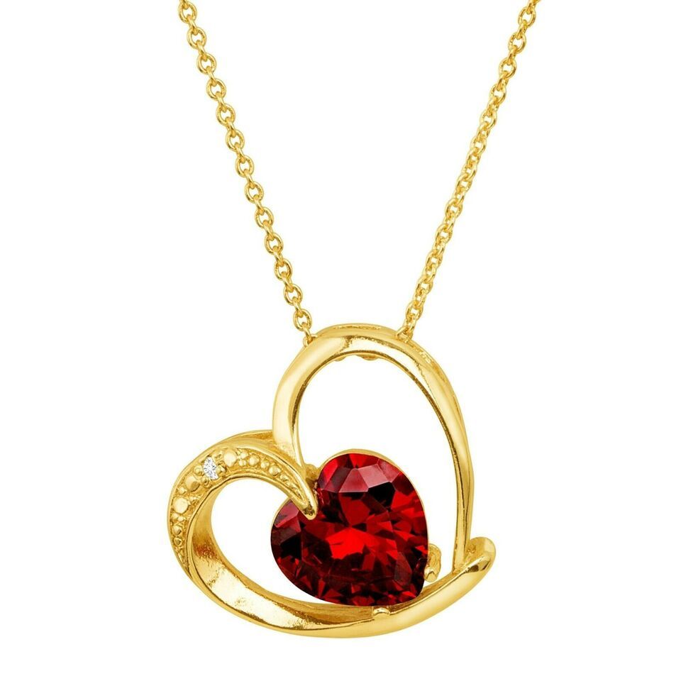Primary image for Heart Pendant with Red Ruby Cubic Zirconia in 18K Yellow Gold Plated Free Chain