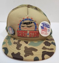 Vintage Operation Desert Storm Cap Hat Camo Mesh Snapback w/Two Pins - £10.93 GBP