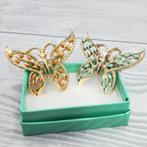 Gerry&#39;s Gold &amp; Silver Tone Orange Aqua Enamel Openwork Butterfly Pendant Brooch - £22.93 GBP