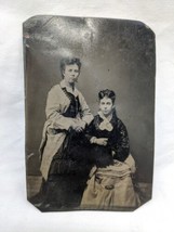 Antique 1800s Tintype Women In Dresses Photo 2 3/4&quot; X 4&quot; - £46.43 GBP