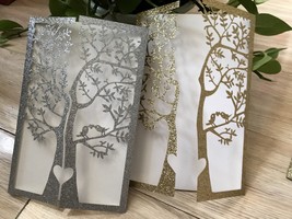 50pcs Tree Wedding Invitation Cards,Glitter Gold Laser Cut Wedding Cards... - $66.30