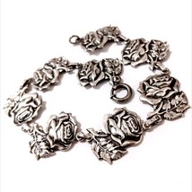 Victorian Sterling Silver Bracelet Rose Links 7.5&quot; Long 20.41g Thumbless... - $98.99