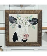 Hollihocks Art Patience the Cow Rustic Wood Frame Wall Art 13.5&quot; x 13.5&quot;... - $62.55 CAD
