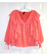 YAS Blouse Ruffles Coral Seersucker 3/4 Sleeves Tie Cuff V-Neck Size S P... - $281.17 MXN