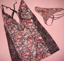 Victoria&#39;s Secret M GOWN SLIP nightie+thong PINK BLACK lace TAUPE gray b... - $89.09