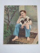 Vintage 1930s Art Print Boy in Overalls Plays Harmonica on Porch with Dog - £23.59 GBP