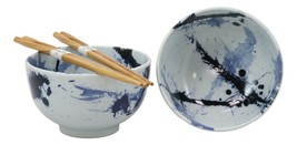 Japanese Blue Splash Paint Abstract Design Porcelain Bowls With Chopsticks Set 2 - £24.77 GBP