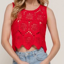 Sleeveless Round Neck Cotton Crochet Crop Tank Top Red Small - $24.75