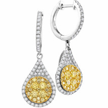 14kt White Gold Womens Round Yellow Diamond Teardrop Dangle Earrings 1-5/8 Cttw - £1,731.66 GBP