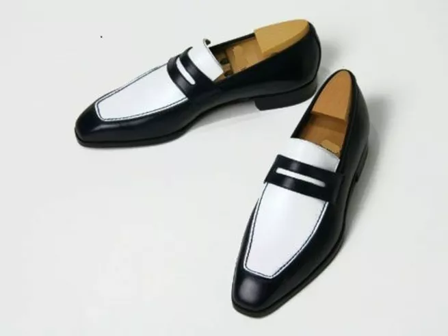 New Handmade Black &amp; White Leather Formal Moccasins Dress Shoes For Mens - $149.99+