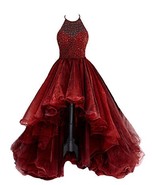 Halter Organza Hi Low Beaded Burgundy Prom Dresses Homecoming Dresses - £128.28 GBP