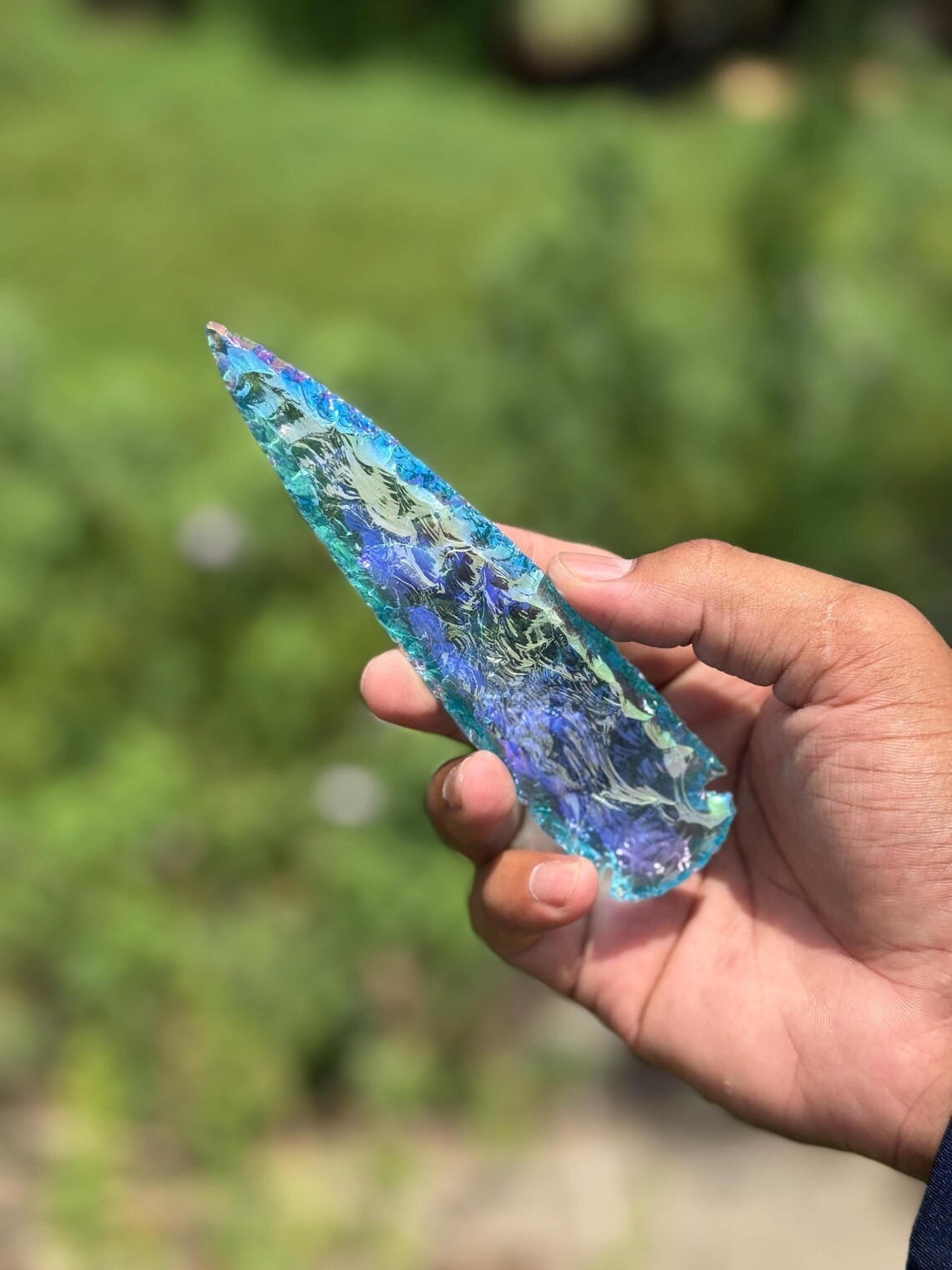 5.5–6&quot; Blue Aqua Angel Aura Obsidian Arrowhead | Handmade Crystal Gift - $25.73