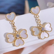 Luxury Brand Quality V Gold Sweet Clover Leaves Heart Hanging Earrings For Women - £70.98 GBP