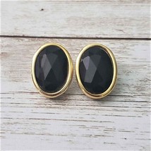 Vintage Clip On Earrings Black Faceted Oval Gem with Gold Tone Halo - £11.98 GBP