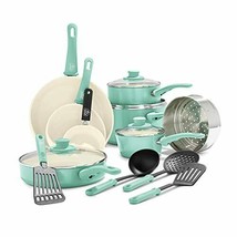 Soft Grip Healthy Ceramic Nonstick Cookware Pots and Pans Set, 16Piece,Turquoise - £121.34 GBP