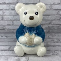 Metlox Cookie Jar Blue Sweater White Teddy Bear Eating Cookie - $32.33