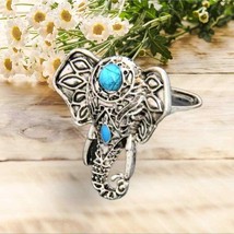 Adjustable ring with blue resin stone and elephant shape vintage bohemian style - £12.73 GBP