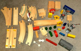 62 pc Wooden Train Tracks Signs People Trees 2 Curved Ramp Pieces - £13.45 GBP