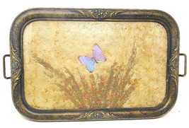 Victorian Wood Tray Butterfly Straw Flowers Dandelion Fluff Antique 2 Handles - £140.86 GBP