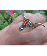 Beautiful Baltic Amber Bull Ring Size 7 US, 925 Silver - £25.28 GBP