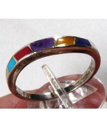 Sterling Silver 925 Gemstone Inlay Thin small Ring Band  size 8  - £18.26 GBP