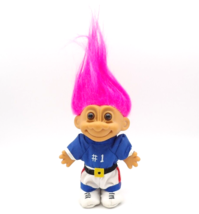 Vintage Russ Troll 5&quot; Doll #1 Football Player with Blue White Uniform Pink Hair - £10.72 GBP