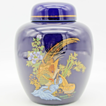 Cobalt Blue Ginger Jar Golden Pheasants &amp; Flowers 5 inch Lidded VTG Asia... - $11.79