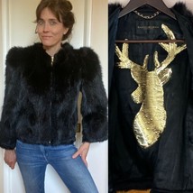 Donna Karan Signature Faux FUR Jacket XS S black Gold sequin Deer Puff Sleeve - £230.76 GBP