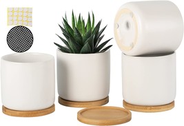 4 Inch Ceramic Plant Pot With Bamboo Saucer, White Planters, Plant Not Included - £34.35 GBP