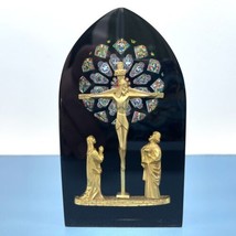 Vintage Creed Lucite Paperweight Gold Crucifix Stained Glass Mary Joseph 4.25” - £14.93 GBP