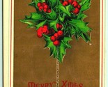 Merry Christmas Agrifoglio Mazzo Ferro Dorato Goffrato 1908 DB Cartolina H4 - $7.12