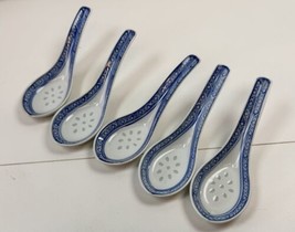 5 Vintage Chinese Blue &amp; White Porcelain Floral  Rice Soup Spoons Spoon Set - - $23.38