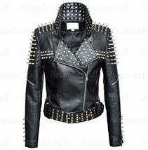 New Woman&#39;s Black Punk Brando Silver Spiked Studded Genuine Leather Jack... - £263.45 GBP