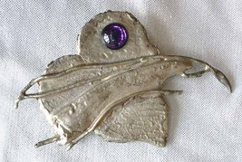 Art Moderne Silver-tone &amp; Purple Glass Heart Brooch / Pendant 1980s vint. 3 3/4&quot; - £15.24 GBP