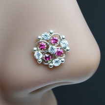 Real Sterling Silver Pink White CZ Studded Twisted nose ring 22g - £11.15 GBP