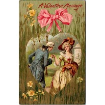 Antique Embossed Valentine Message Postcard, Courting Couple with Pink Bow - $12.60