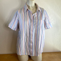 Blair Womens Med Pink Blue Stripe Cotton Blouse Button Front Short Sleeve Pocket - £12.66 GBP