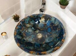 Blue Agate &amp; Gold Resin Bathroom Sink | Luxury Gemstone Vessel Basin | H... - $600.37
