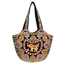 Ethnic Women handbag Potli wristlet wiith Elephant embroidery (Black) - $26.11