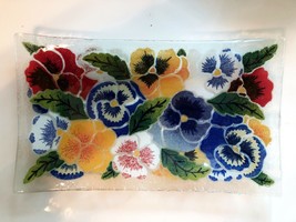 Peggy KARR Rectangular Fused Glass Tray 10x6 PANSIES Floral Made in USA Signed - £31.11 GBP