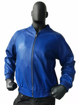 Bomber Jacket Blue Casual Wear Biker Soft Stylish Men&#39;s Real Lambskin Le... - $140.00