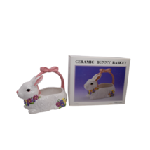 Vintage Ceramic Bunny Basket w/ Flowers &amp; Pink Ribbon Easter Decor - £11.86 GBP