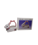 Vintage Ceramic Bunny Basket w/ Flowers &amp; Pink Ribbon Easter Decor - £11.64 GBP