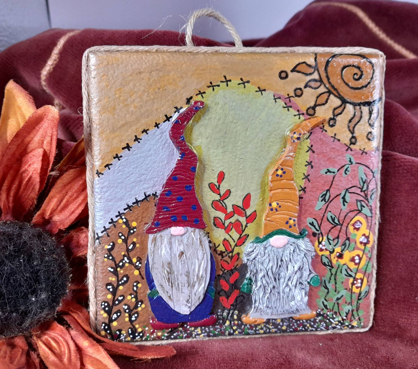 Fall Friends Gnomes Hand Painted Mixed Media Ceramic Tile Decor Unique G... - $6.95