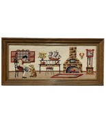 Vtg Framed Needlepoint 1700&#39;s Americana Fireplace Dog Grandfather Clock ... - $42.75