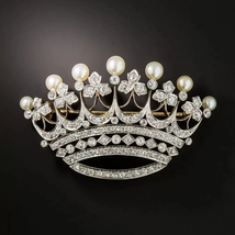 Edwardian Diamond &amp; Pearl Crown Brooch, Engagement Pin,Christmas Brooch Pin - £161.61 GBP