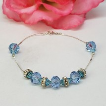 Blue Faceted Crystal &amp; Clear Rhinestone Bead Bracelet 925 Sterling Silve... - £15.65 GBP