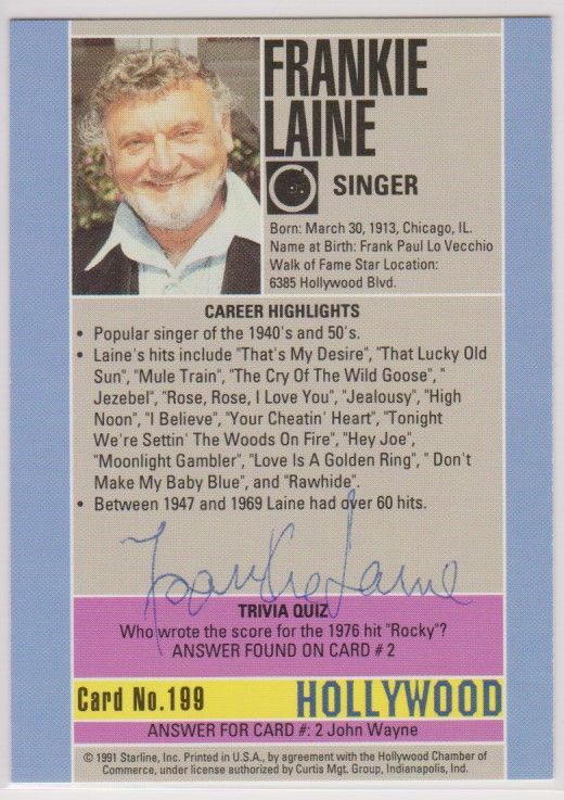 Frankie Laine Signed Autographed 1991 Hollywood Walk of Fame Trading Card - $15.00