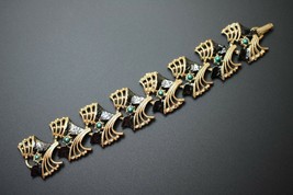 Vintage OAK Restored Enameled Gold Black Teal Green Open Work Link Bracelet - £11.76 GBP
